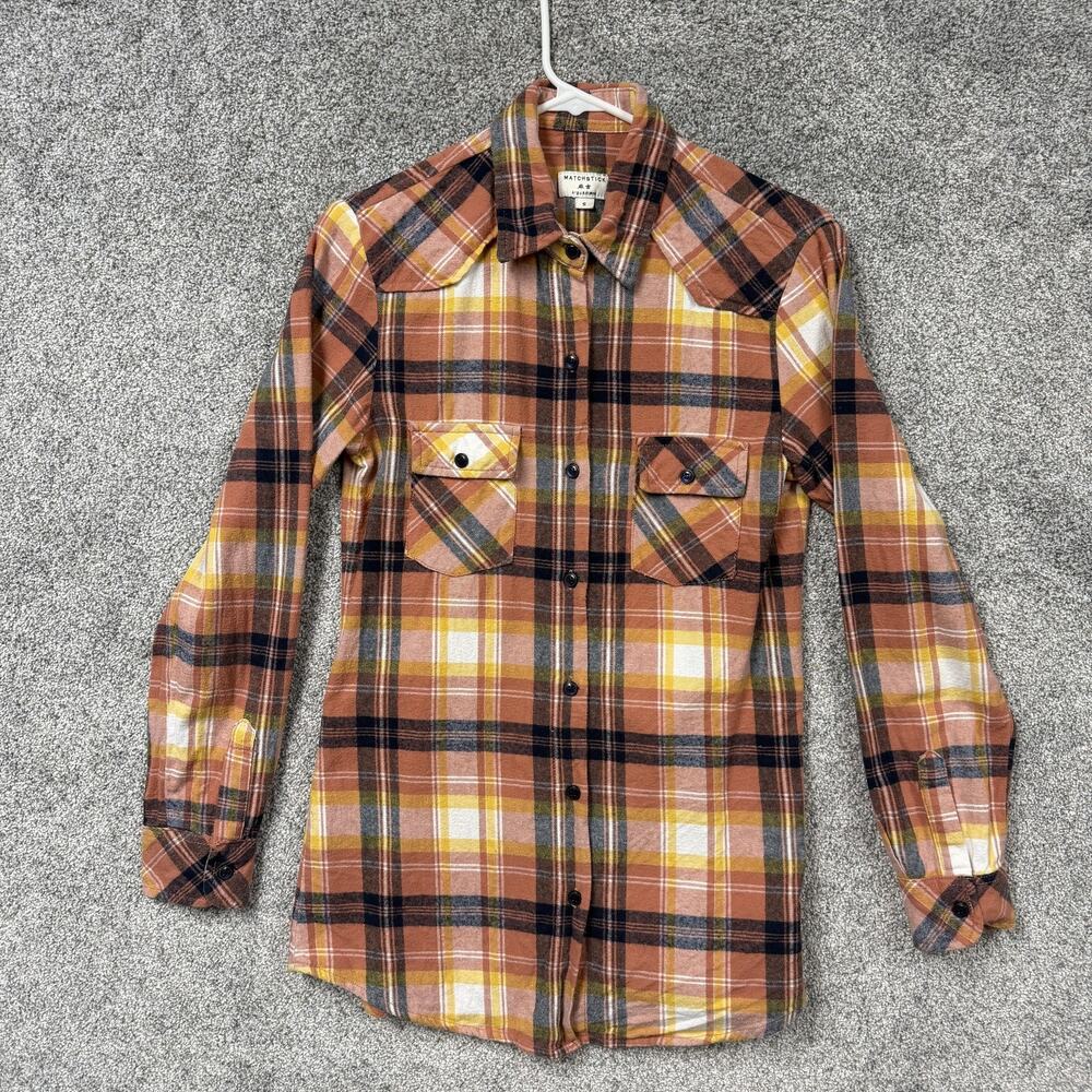 Matchstick Flannel Shirt Mens S Orange Black Plaid Western Workwear Cabincore